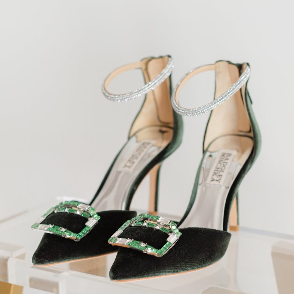 Badgley Mischka 5.5 Marlow Velvet Green Heels Emerald Ornament Stilettos - Picture 6 of 16